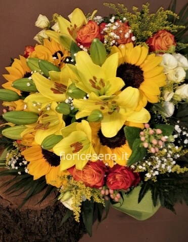 Bouquet grandi dimensioni, lilium, rose e girasoli